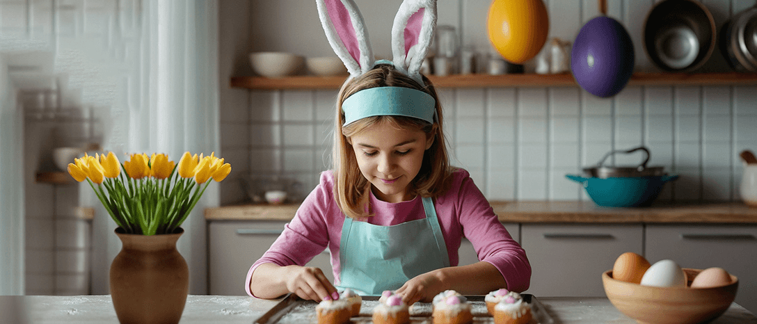 dievcatko zdobiace velkonocne kolaciky v kuchyni