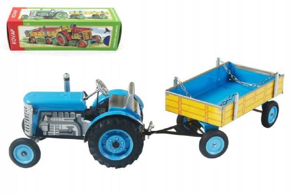 Traktor Zetor s prívesom modrý na kľúčik kov 28cm Kovap v krabičke