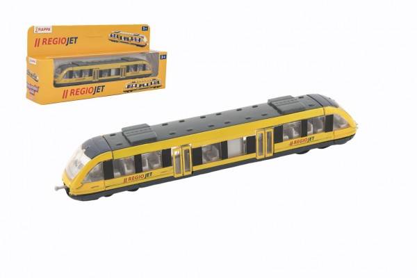Vlak žltý RegioJet kov / plast 17cm na voľný chod, v krabičke 21x9,5x4cm