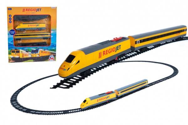 Vlak žltý RegioJet s koľajnicami 18ks so zvukom a svetlom, v krabici 38x43x6cm