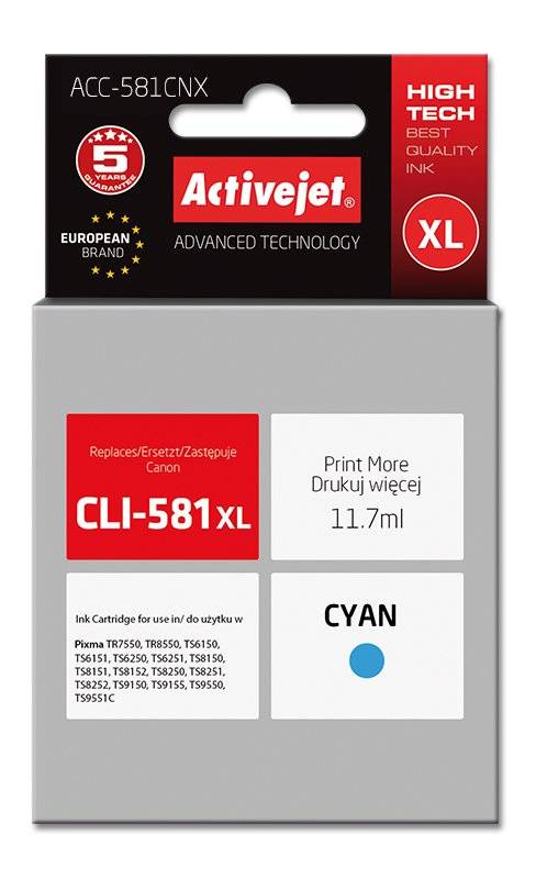 Atrament ActiveJet pre Canon CLI-581C XL ACC-581CNX Cyan 11,7 ml