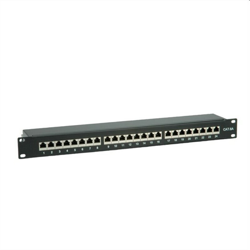 OEM patch panel 24port Cat6A, STP, blok Krone LSA+, vyväz. lišta, 1U čierny