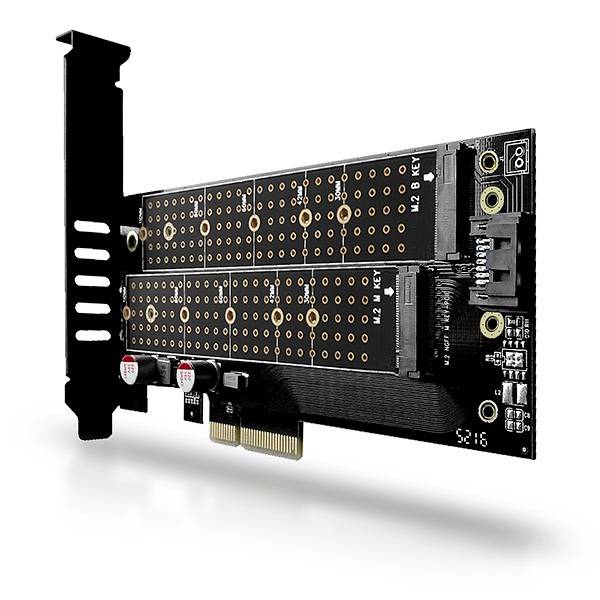 AXAGON PCEM2-D PCI-E 3.0 4x - DUAL M.2 SSD (NVMe + SATA), dual voltage, up to 110mm SSD