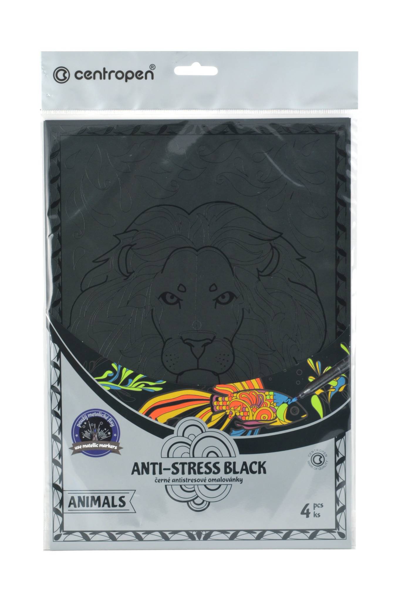 Omaľovánky antistresové Animals čierne 4ks/bal Centropen