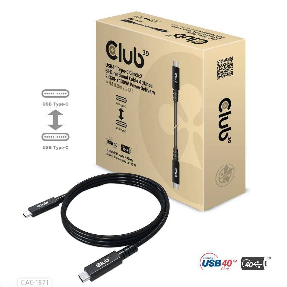 Club3D CAC-1571 USB4 Type-C Gen3x2, Bi-Directional, 40Gbps 8K60Hz, 100W PowerDelivery M-M, 0,8m