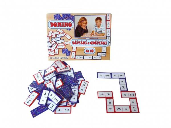 Domino sčítanie a odčítanie do 10, spoločenská hra 60ks v krabici 22x16x3cm