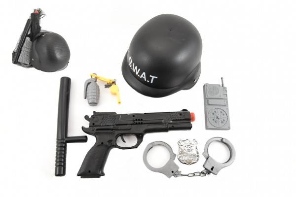 Teddies sada SWAT helma + pištoľ na zotrvačník s doplnkami plast v sieťke