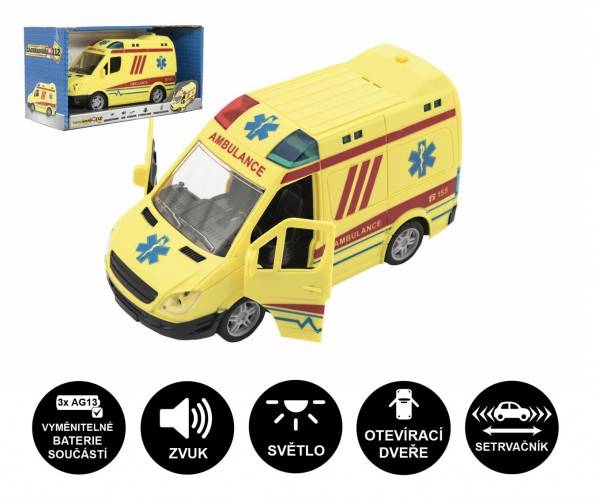 Auto ambulancie plast 20cm na zotrvačník na batérie so svetlom a zvukom v krabici 26x15x12cm