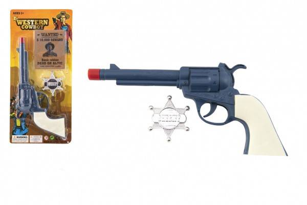 Pištoľ revolver klapáč plast 23x12cm s šerifským odznakom na karte