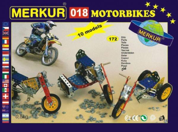 Stavebnica MERKÚR 018 Motocykle 10 modelov 182ks v krabici 26x18x5cm