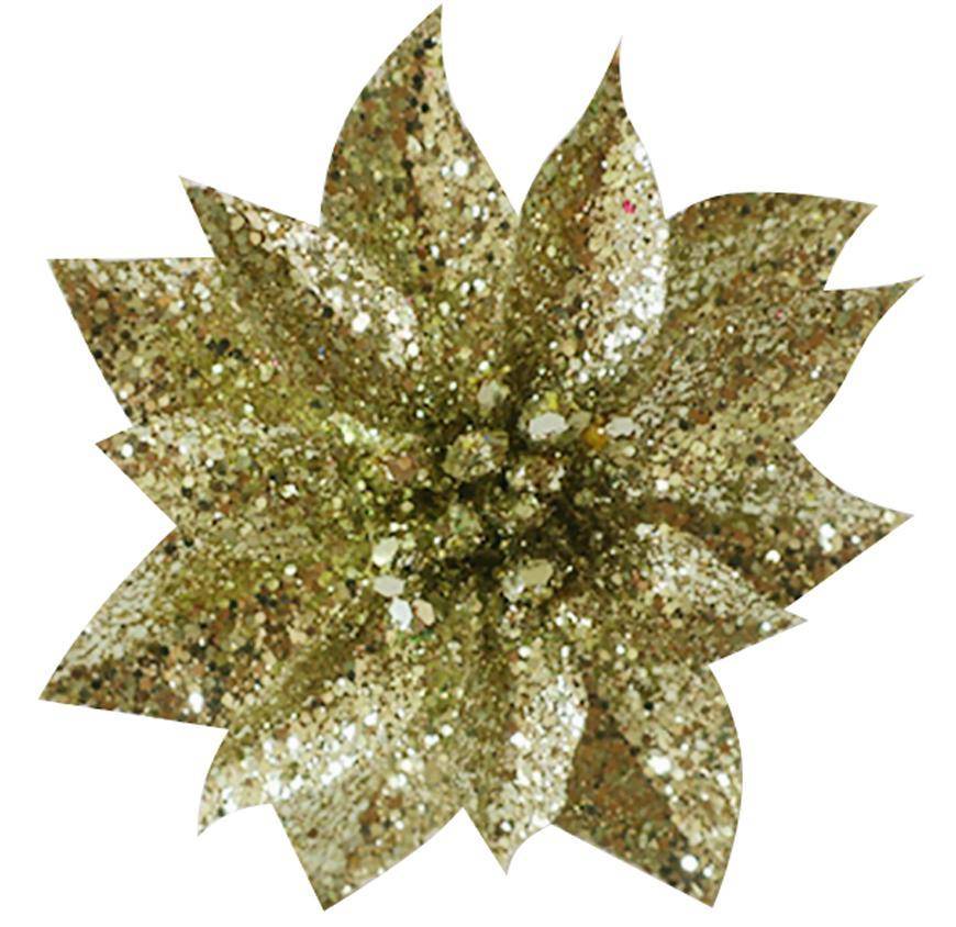 Kvet GlitterPoinsettia, so štipcom, zlatý, 9x8cm, 6 ks