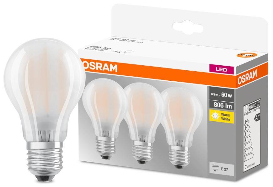 Osram 3PAK LED žiarovka LED E27 A60 7W = 60W 806lm 2700K teplá biela 300° Filament Base