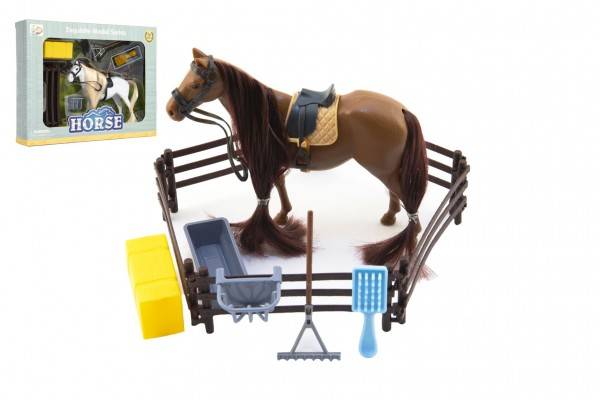Kôň česací s doplnkami a ohradou plast v krabici 28x22x5,5cm - výber 2 farby