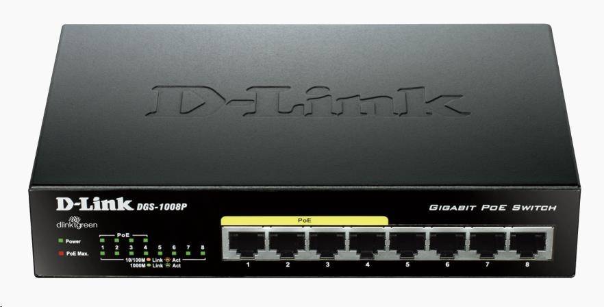 D-Link DGS-1008P 8-port Gigabit Desktop Switch, 4 porty jsou PoE+, PoE budget 68W
