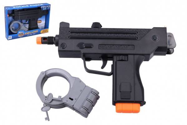 Pištol/Samopal policajný s putami plast 24cm na batérie so zvukom so svetlom v krabici 26x18x5cm