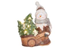 Dekorácia MagicHome Vianoce, Snehuliak s vozíkom, 6 LED, 3xAA, keramika, 35x24x43 cm