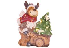 Dekorácia MagicHome Vianoce, Sobík s vozíkom, 4 LED, 3xAA, keramika, 33,50x24x43 cm