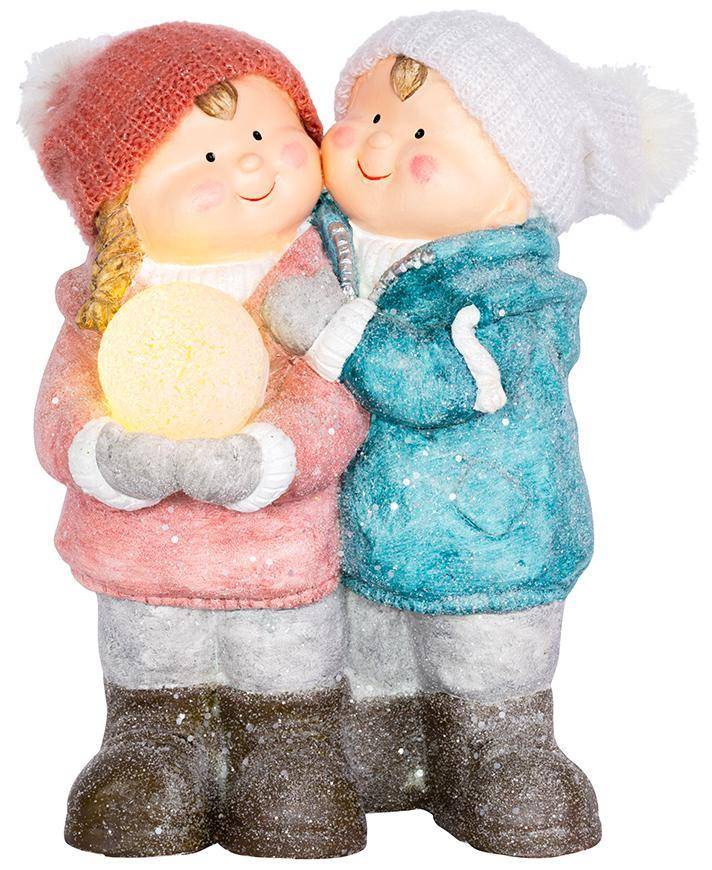 Postavička MagicHome Vianoce, Chlapček a dievčatko so snehovou guľou, 1 LED, keramika, 27,5x23x40 cm