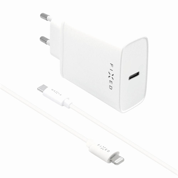 FIXED Set sieťovej nabíjačky s USB-C výstupom a USB-C / Lightning kábla, podpora PD, 1 meter, MFI, 18W, biely