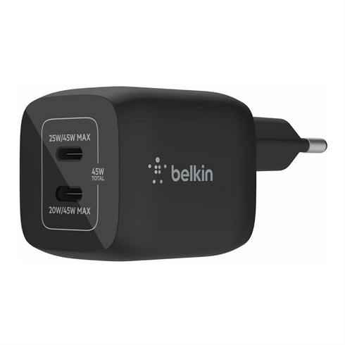 Belkin 45W Dual USB-C GaN PD Wall Charger with PPS - Black