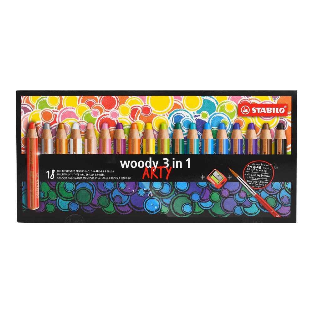 Farbičky Woody 3 v 1 arty 18 farieb + strúhadlo + štetec Stabilo
