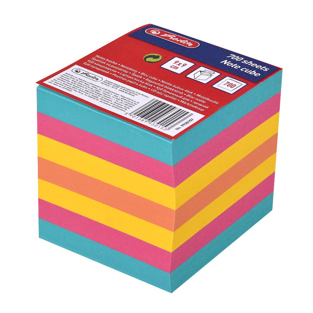 Poznámkový blok 9x9x9cm 700 listov lepený farebný mix Herlitz