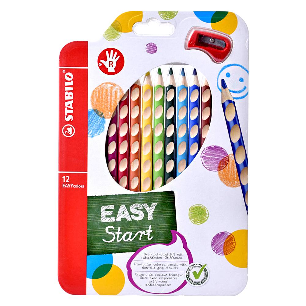 Farbičky Easycolor trojhranné pre pravákov 12 farieb + strúhadlo Stabilo